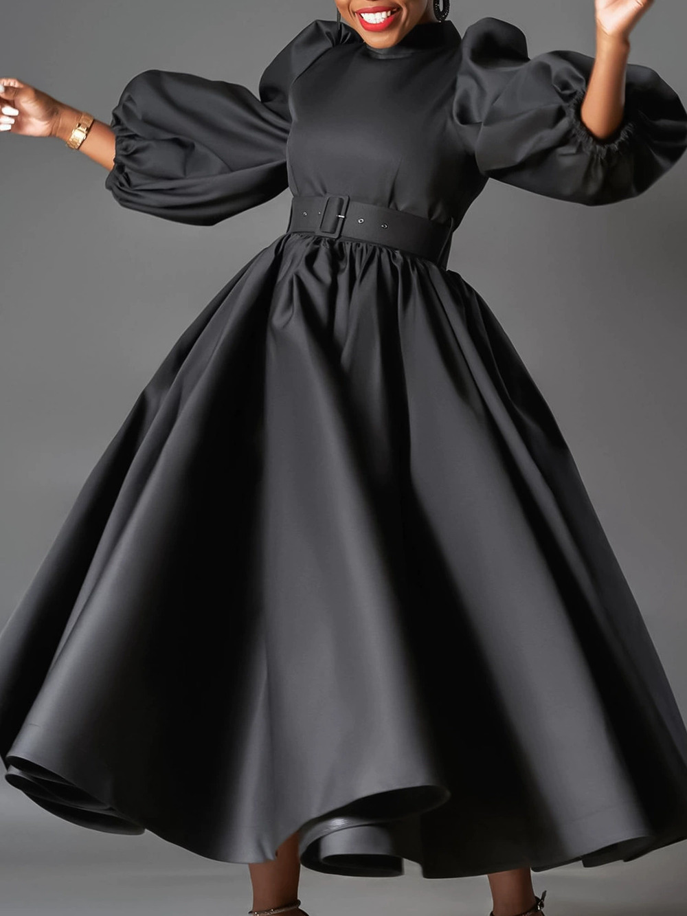 Plus Size Loose Solid Color Flared Puff Sleeve Midi African Dress